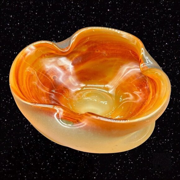 Vintage Czech Bohemian Glass Ashtray 1950s Hand Made Orange Bowl 5”W 2”T - Picture 1 of 16